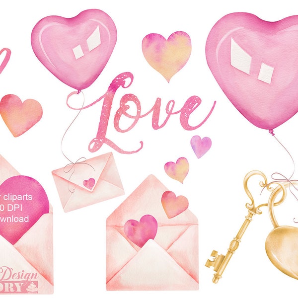 Valentine's day watercolor clipart, valentine clipart, love clipart, heart clipart, wedding invitation, key love, padlock heart, love letter