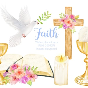 Aquarell-Religions-Clipart, Taufe-Clipart, Kommunion-Clipart, florales Kreuz-Clipart, Bibel-Clipart, Aquarell-Taube, Oster-Clipart
