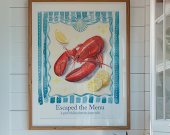 Escaped the Menu Lobster Wall Art | Watercolor Coastal Kitchen Decor Print | Cottagecore Coquette Aesthetic Art | Seafood Kitchen Print