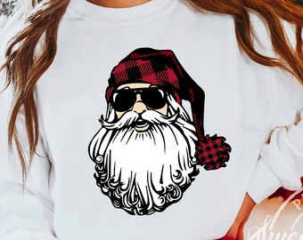 Cool Santa Claus png, funny santa sublimation png, santa with sunglasses design, christmas buffalo plaid t-shirt sublimation design