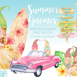 Gnome d'été aquarelle clipart, été clipart, gnome fille clipart, gnome aquarelle, gnome plage clipart, anniversaire invitation clipart