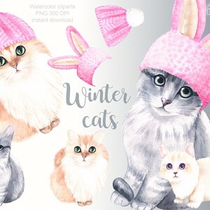Clipart de chats à l'aquarelle, chat avec bonnet, oreilles de lapin, hiver clipart, animal aquarelle, illlustration d'hiver, clipart mignon