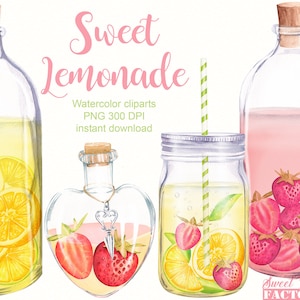Limonade clipart, été clipart, citron aquarelle clipart, boisson clipart, fruits clipart, limonade rose, détox clipart, mojito clipart