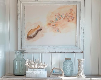 Coastal Nursery Wall Art, Wooden Fish Watercolor Print, Beach Treasure Poster, Seashell Coastal Decor, Chic Nautical Art
