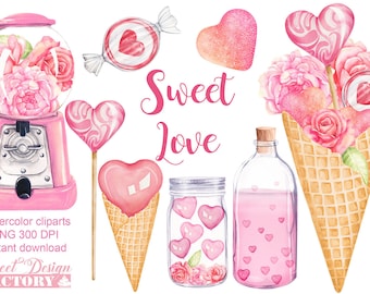 Clipart de Saint valentin à l'aquarelle, mariage clipart, amour clipart, bonbon clipart, glace clipart, mariage aquarelle, coeur clipart