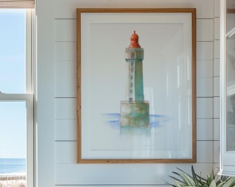 Lighthouse Wall Art Print, Coastal Watercolor Painting, Nautical Beach House Decor, French Coastal Poster, Ocean Lighthouse Art