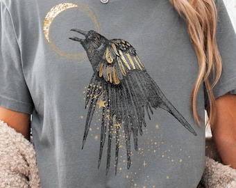 Witchy Raven Moon Shirt – Vintage Linocut Bird Tee, Occult Forestcore Top, Cottagecore Lunar Graphic T-Shirt, Dark Academia Gift