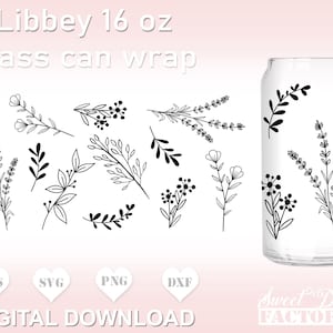 Floral LIBBEY GLASS SVG, Wild flowers Beer Can Svg, Botanical glass can svg   Libbey Glass Can Wrap Svg , spring Libbey 16oz Glass Can Svg,
