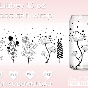 Floral LIBBEY GLASS SVG, Wild flowers Beer Can Svg, Botanical glass can svg   Libbey Glass Can Wrap Svg , spring Libbey 16oz Glass Can Svg,