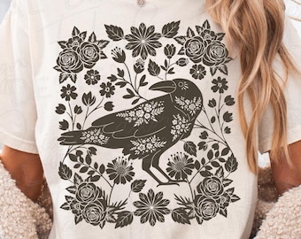 Forest Crow Linocut T-Shirt, Folklore Lino Print Tee, Vintage Cottagecore Witchy Forestcore Goblincore Top