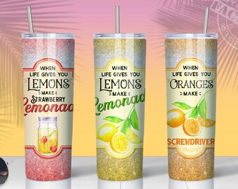 May include: Three sublimation designs for tumblers featuring a glitter background and a citrus theme. The first tumbler is pink with the text "When life gives you lemons, make strawberry lemonade". The second tumbler is gold with the text "When life gives you lemons, make lemonade". The third tumbler is gold with the text "When life gives you oranges, make screwdriver".