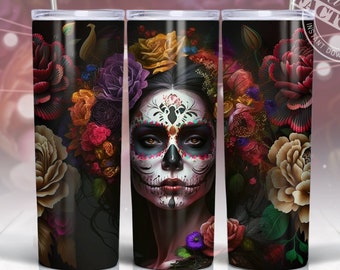 Gobelet sugar skull sublimation, fille mexicaine gobelet design, Sublimation de 20 oz, Sublimation  gobelet conique et droit, automne PNG