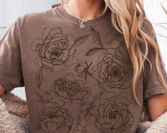 Vintage Floral Linocut T Shirt Folk Art Wildflowers Botanical Cottagecore Retro Nature Graphic Tee
