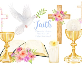 Watercolor religion icons clipart, baptism clipart, communion clipart, floral cross clipart, bible clipart, watercolor dove, Easter clipart