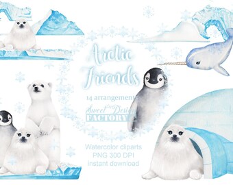Winter animal sublimation designs bundle, arctic animals png, watercolor christmas clipart, polar animal, polar bear png, penguin png