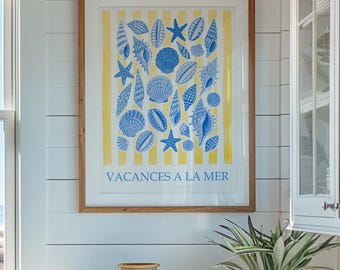 French Riviera Wall Art, Coastal Grandmother Decor, Blue Yellow Beach Print, Mediterranean Coastal Poster, Amalfi Style Art