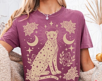 Celestial Tiger Linocut T-Shirt , Witchy Tarot Animal Folk Art Forestcore Graphic Tee