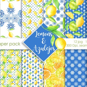 Papier numérique de citron à l'aquarelle, citron papier digital, motifs sans coutures été, scrapbooking méditerranée, motif azulejos