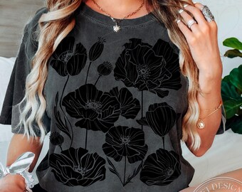 Vintage Poppy Linocut T Shirt Floral Folk Art Botanical Cottagecore Retro Wildflower Graphic Tee