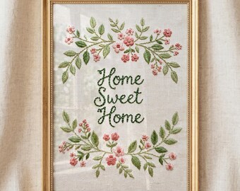 Home Sweet Home Textile Art Print, Vintage Embroidery Wall Art, Cottagecore Farmhouse Decor, Cozy Kitchen Printable, Digital Download