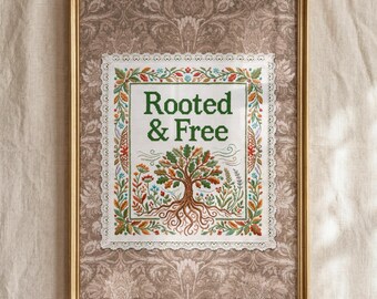 Rooted and Free Wall Art, Botanical Textile Print, Cottagecore Decor, Vintage Embroidery Style Printable, Digital Download