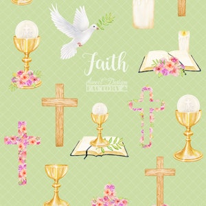 May include: A digital paper pack with watercolor illustrations of religious symbols, including a dove, cross, chalice, bible, and candle. The illustrations are in shades of gold, white, and pink. The text "Faith" is written in a decorative font.