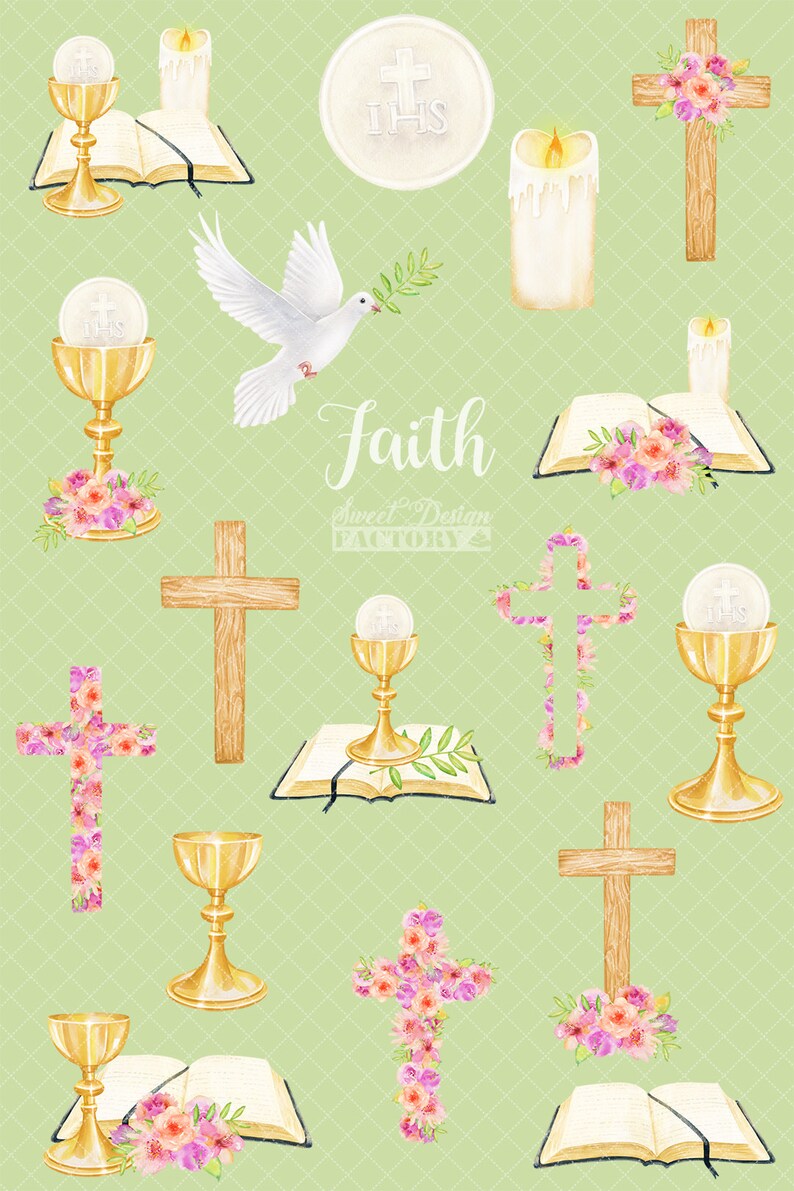 May include: A digital paper pack with watercolor illustrations of religious symbols, including a dove, cross, chalice, bible, and candle. The illustrations are in shades of gold, white, and pink. The text "Faith" is written in a decorative font.
