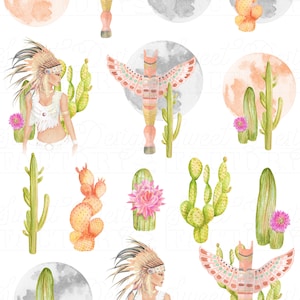 Cactus watercolor clipart, boho clipart, moon clipart, native clipart, watercolor moon, totem illustration, mystic clipart, nature clip art image 3