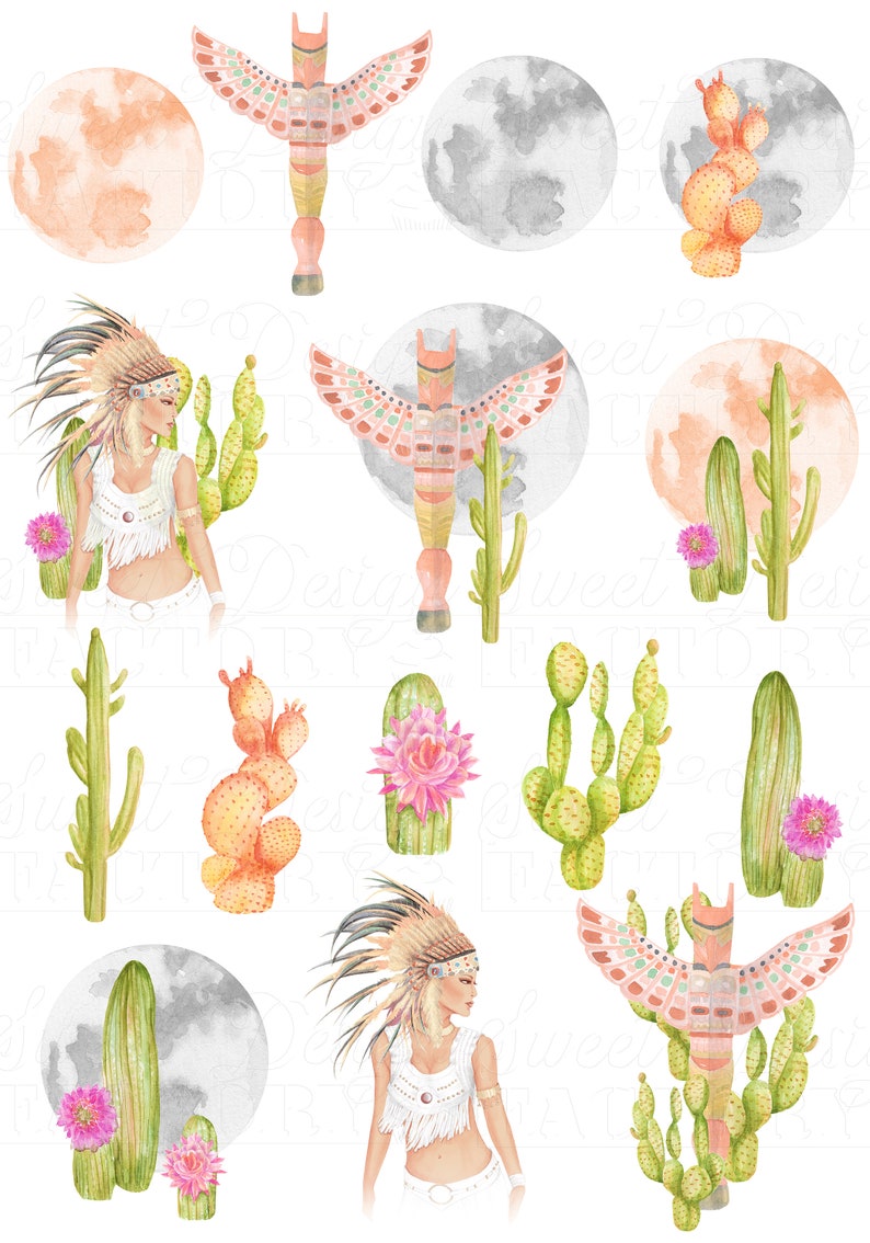 Cactus watercolor clipart, boho clipart, moon clipart, native clipart, watercolor moon, totem illustration, mystic clipart, nature clip art image 3