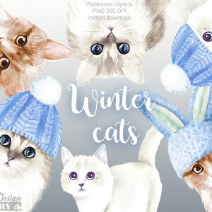 Clipart de chats à l'aquarelle, hiver clipart, chatton clipart, animal aquarelle, illlustration d'hiver, clipart mignon, anniversaire garçon