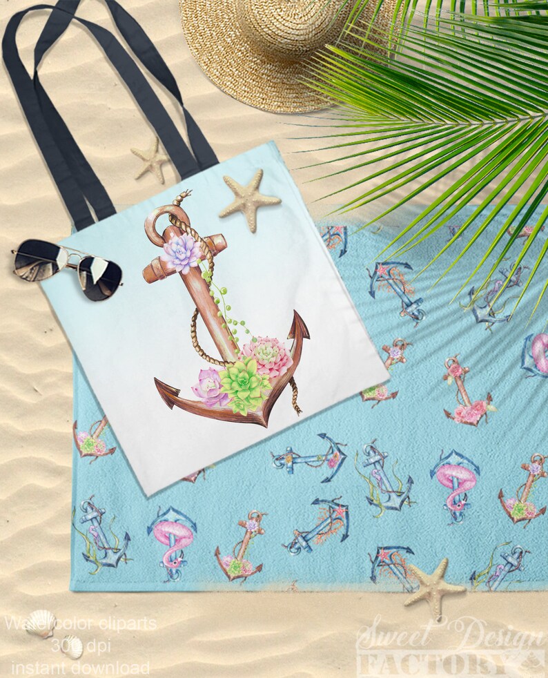 Peut inclure: Un sac fourre-tout blanc avec une ancre brune d&eacute;cor&eacute;e de succulentes roses et vertes. L'ancre est entour&eacute;e d'une corde et d'une &eacute;toile de mer. Le sac fourre-tout est sur une plage de sable avec une serviette de plage bleue avec un motif r&eacute;p&eacute;t&eacute; d'ancres et de succulentes.