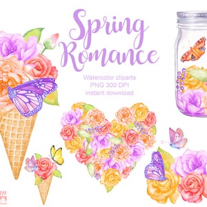 Clipart floral l'aquarelle, papillon aquarelle clipart, mariage clipart, glace clipart, invitation clipart, glace fleur aquarelle, été png