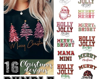 Faux Embroidery Christmas designs BUNDLE,  Merry and bright png, Christmas Sequin PNG, versity Sublimation Design Download, Faux Sequin PNG