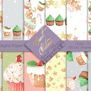 papier digital de noel, motif gateau noel, cupcake noel, papier emballage cadeau, noel traditionnel, motifs sans coutures, scrapbooking noel