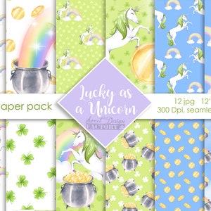 Papier numérique de Saint Patrick, papier digital licorne, papier arc en ciel,  motif licorne et arc en ciel, papeterie de St Patrick
