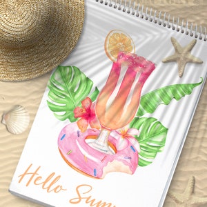 May include: A watercolor illustration of a pink donut with sprinkles, a glass of orange and pink juice with a slice of orange, tropical leaves, and the text "Hello Summer!"
