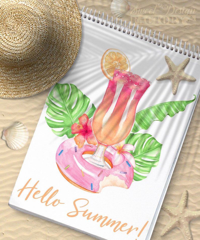 May include: A watercolor illustration of a pink donut with sprinkles, a glass of orange and pink juice with a slice of orange, tropical leaves, and the text "Hello Summer!"