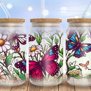 Butterflies and flowers libbey glass can png, Butterfly glass can wrap, floral glass can, 16 oz Libbey glass png, spring glass tumbler png