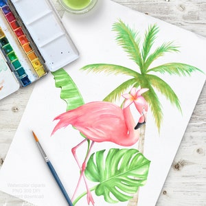 May include: Watercolor illustration of a pink flamingo standing next to a palm tree with green leaves. A white flower is on the palm tree. The flamingo is looking at the flower.