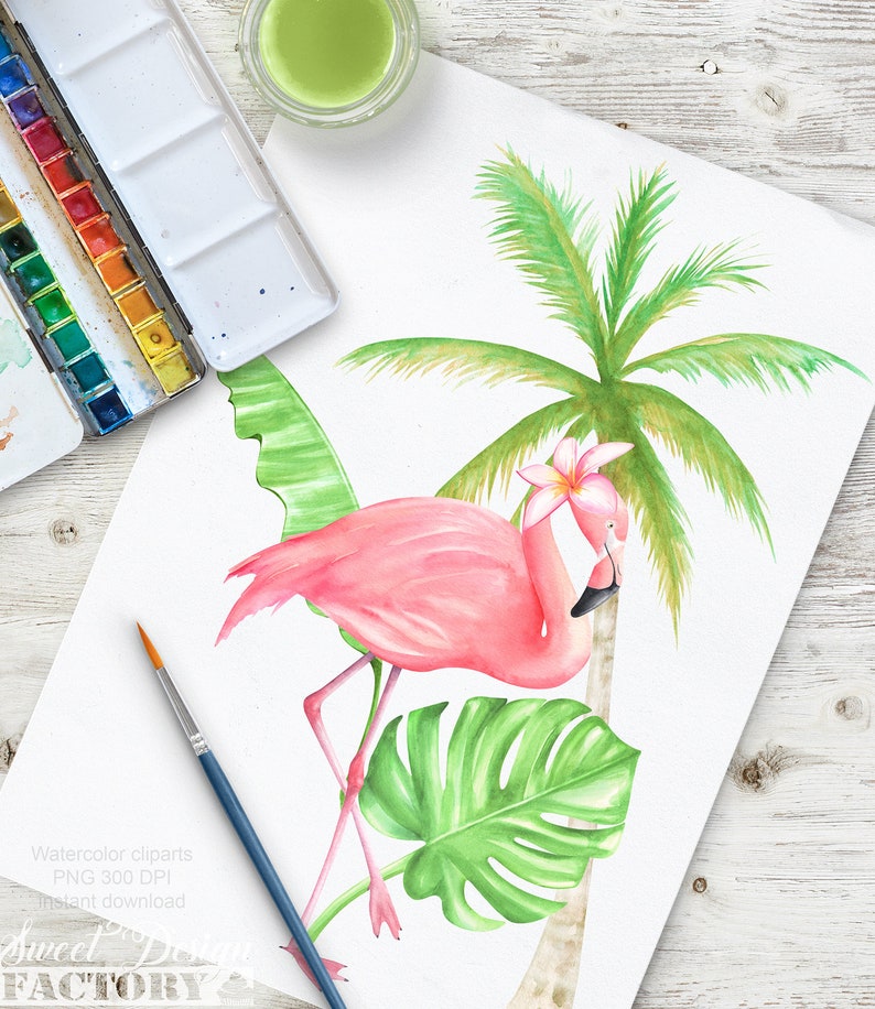 May include: Watercolor illustration of a pink flamingo standing next to a palm tree with green leaves. A white flower is on the palm tree. The flamingo is looking at the flower.