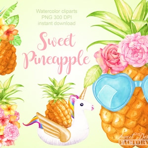 ananas aquarelle clipart, été clipart, fleurs aquarelle clipart, lunettes de soleil clipart, vase ananas, tropical clipart