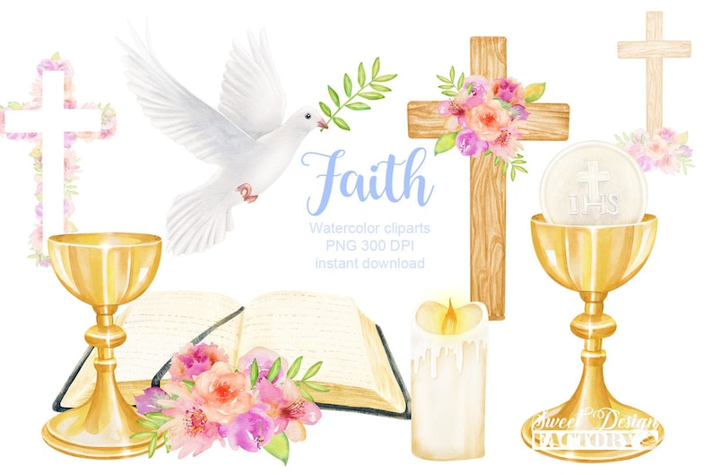 May include: Watercolor clipart set featuring a dove with an olive branch, a cross with floral accents, a chalice, a bible, a candle, and a communion wafer. The set is titled "Faith" and includes the text "Watercolor clipart PNG 300 DPI instant download".