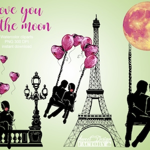 Clipart de Saint valentin, amour clipart, couple clipart, mariage clipart, Paris clipart, lune à l'aquarelle, coeur clipart, tour eiffel