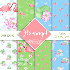 Papier numérique de flamants roses à l'aquarelle, papier digital flamants rose , papier digital fleurs,  motif flamant rose, papeterie d'été