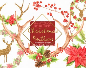 Rentiergeweih Aquarell-Cliparts, rustikale Weihnachts-Cliparts, Aquarell-Winterblumen, Weihnachtsrentier, traditionelle Weihnachten, Weihnachtsblumen