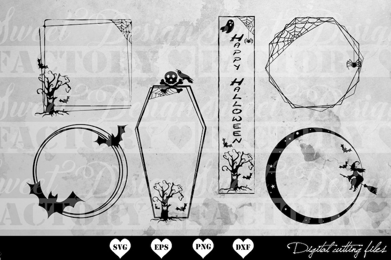 May include: Set of six black and white Halloween-themed digital cutting files. The files include a coffin, a crescent moon, a spiderweb, a circle with bats, a square frame with a tree, and a vertical banner with the text "Happy Halloween".