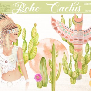 Clipart de cactus à l'aquarelle,  boho clipart,lune aquarelle, native clipart, mystique clip art, plume clipart, lune clipart, indien