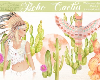 Clipart de cactus à l'aquarelle,  boho clipart,lune aquarelle, native clipart, mystique clip art, plume clipart, lune clipart, indien