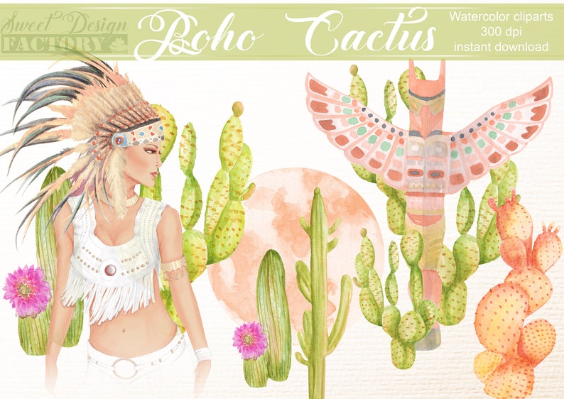 Cactus watercolor clipart, boho clipart, moon clipart, native clipart, watercolor moon, totem illustration, mystic clipart, nature clip art image 1