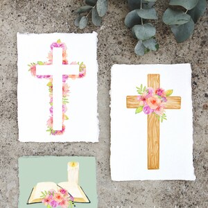 May include: Three watercolor illustrations of a cross with pink and peach flowers. The first cross is white with flowers around the edges. The second cross is brown with flowers on the top. The third image is a closed book with a candle and flowers.